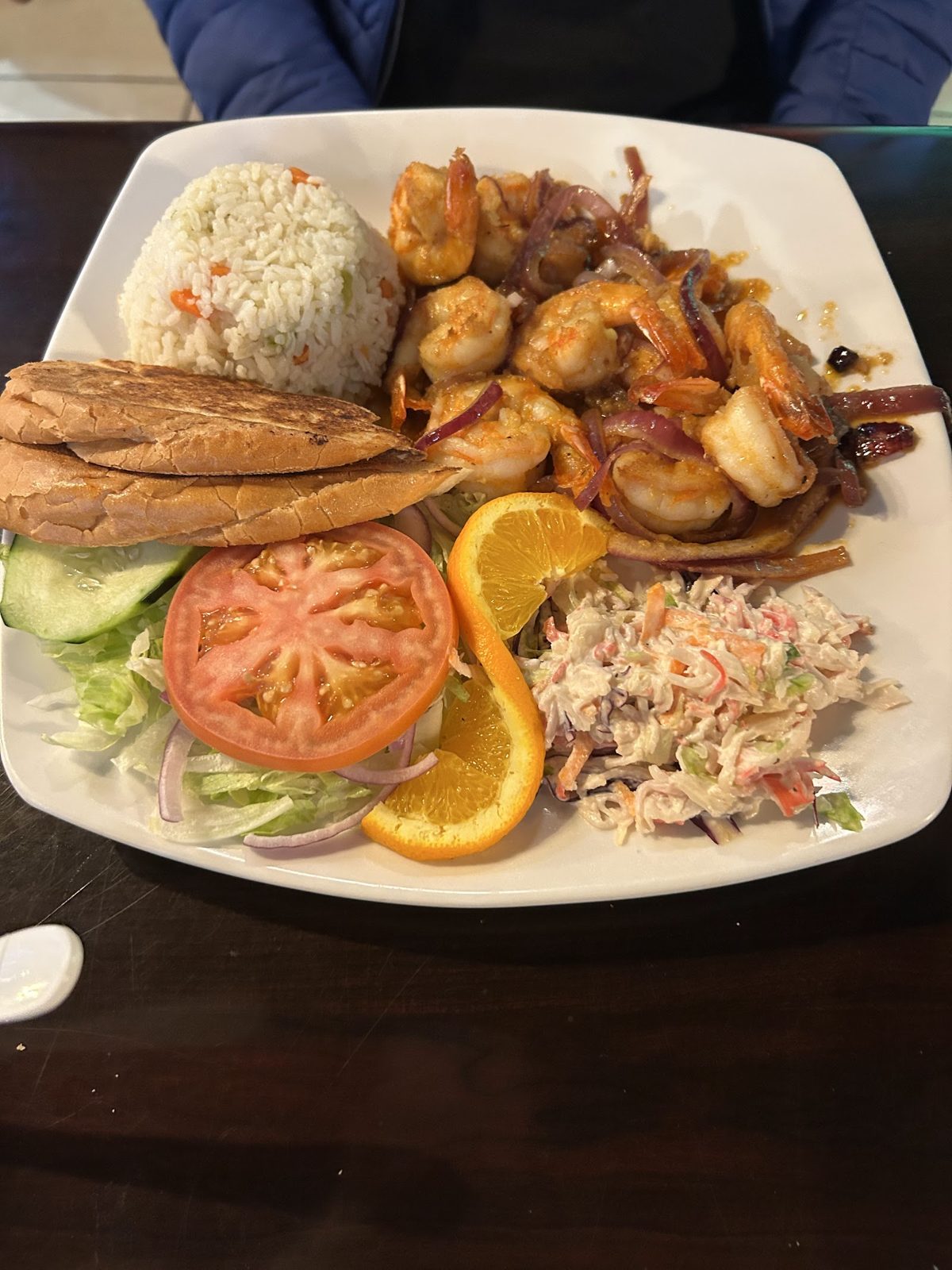 Shrimp plate with rice and salad